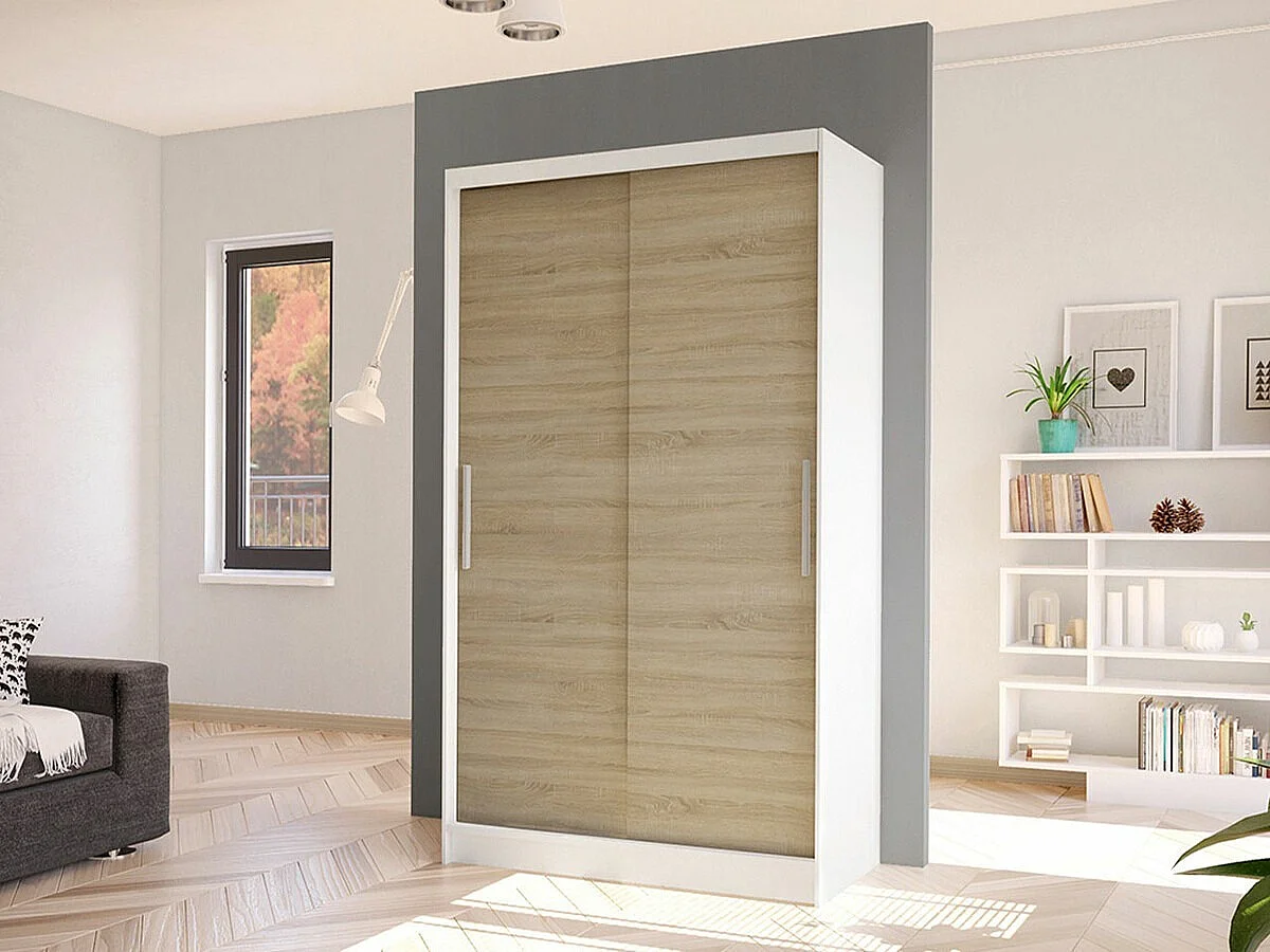 Armoire Closico 162, Sonoma chêne|Blanc, 200x100x58cm, Portes d'armoire: Coulissantes