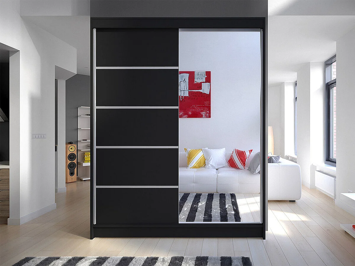 Armoire Closico 143, Noir, 200x150x58cm, Portes d'armoire: Coulissantes