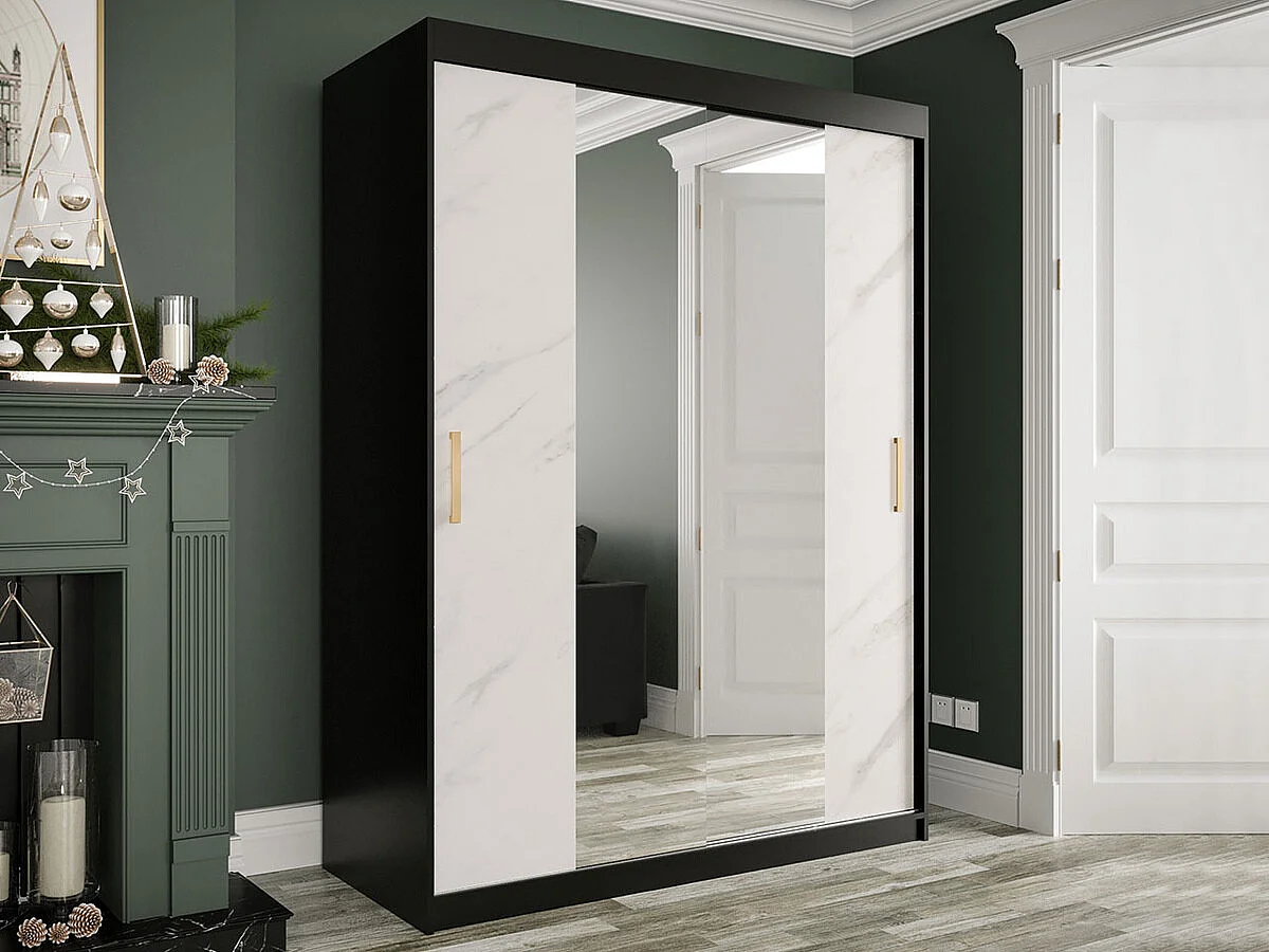 Armadio Hartford 254, Marmo bianco|Nero opaco, 200x150x62cm, Porte armadi: Scorrevoli