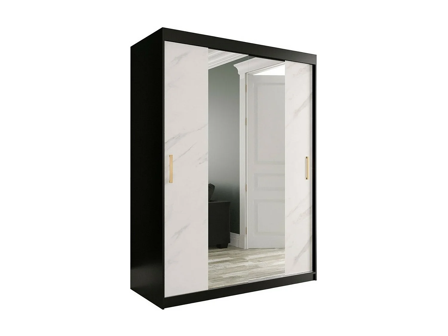 Armadio Hartford 254, Marmo bianco|Nero opaco, 200x150x62cm, Porte armadi: Scorrevoli