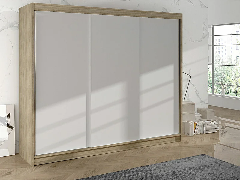 Armario Closico 159, Blanco|Roble Sonoma, 215x200x58cm, Puertas de armario: Correderas