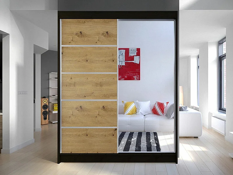 Armoire Closico 143, Noir|Chêne Artisan, 200x150x58cm, Portes d'armoire: Coulissantes