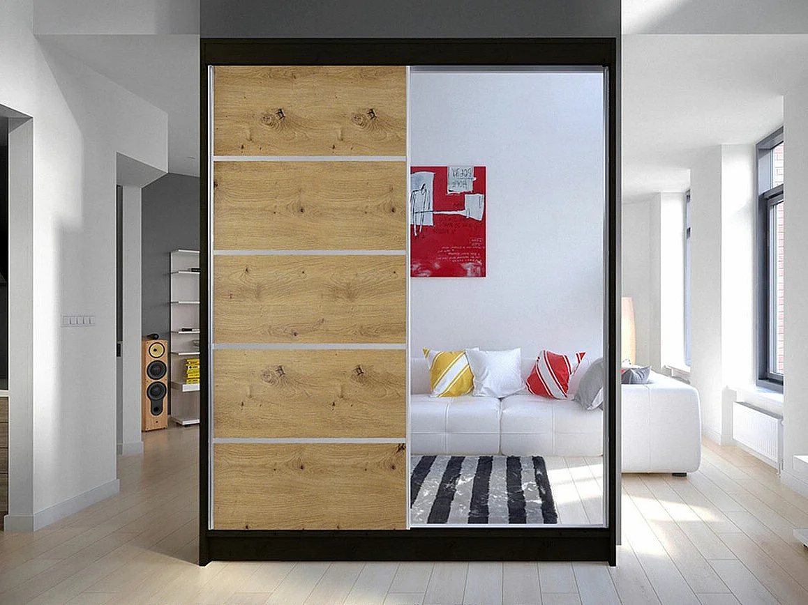 Armario Closico 143, Negro|Roble Artisan, 200x150x58cm, Puertas de armario: Correderas