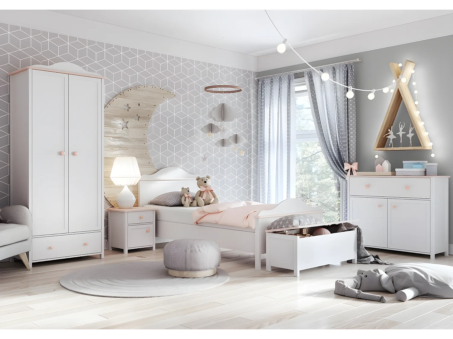 Armoire Elblive 111, Blanc|Rose clair, 184x85x52cm, Portes d'armoire: Avec des charnières