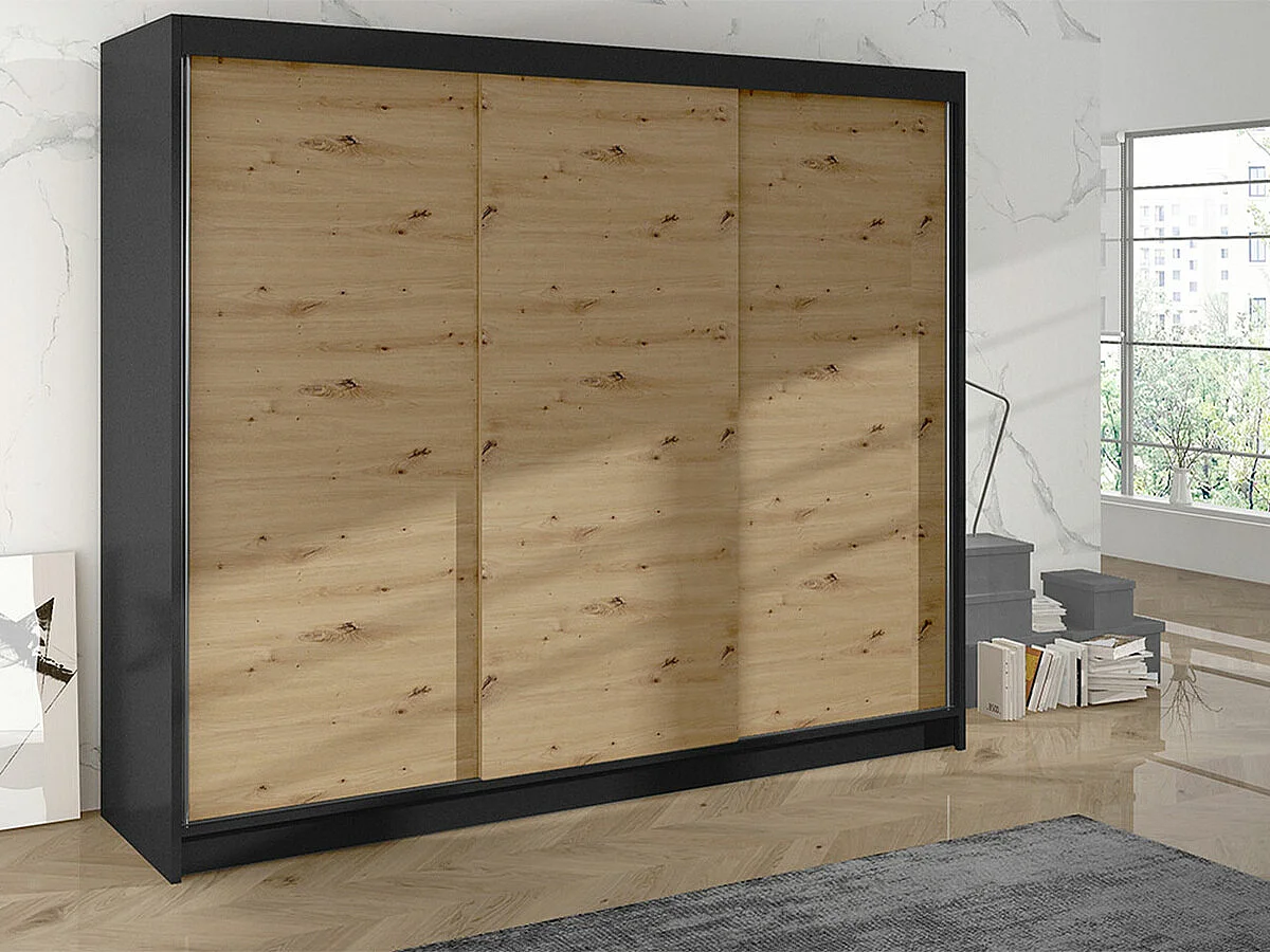 Armoire Closico 159, Chêne Artisan|Noir, 215x200x58cm, Portes d'armoire: Coulissantes