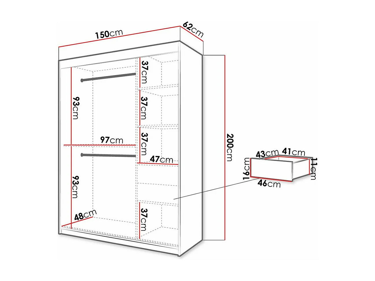 Armario Hartford 310, Negro|Blanco, 200x150x62cm, Puertas de armario: Correderas
