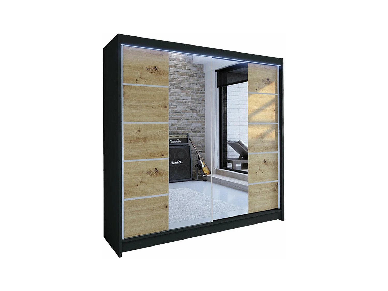 Armoire Closico 154, Noir|Chêne Artisan, 215x180x58cm, Portes d'armoire: Coulissantes