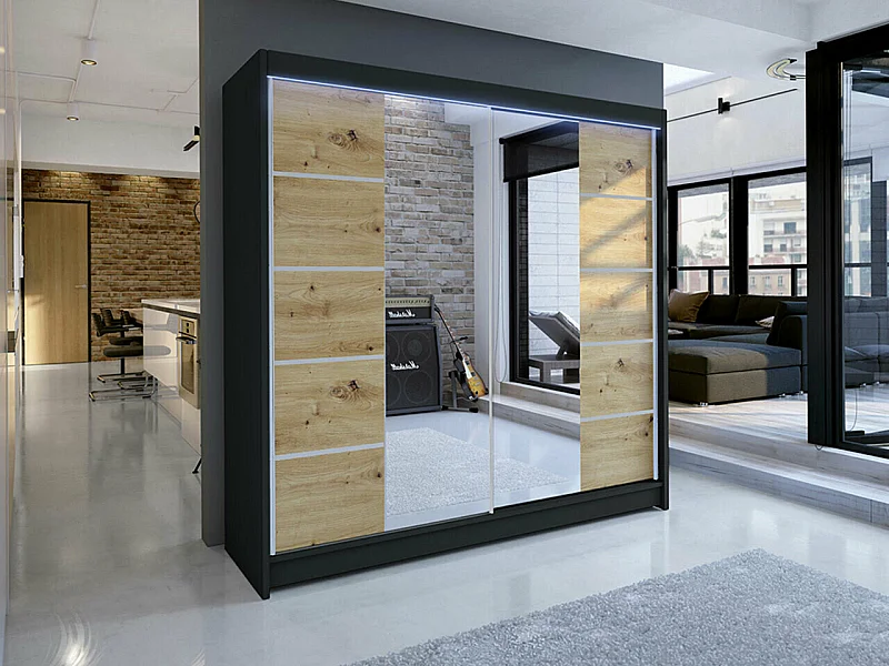 Armoire Closico 154, Noir|Chêne Artisan, 215x180x58cm, Portes d'armoire: Coulissantes