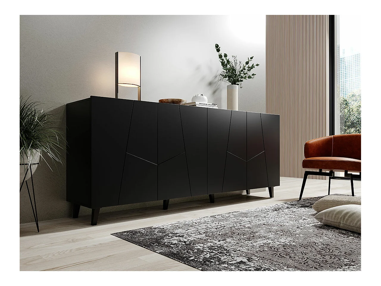 Buffet Charlotte 180, Noir, 83x201cm, Le nombre de portes: 442cm, MDF|Stratifié