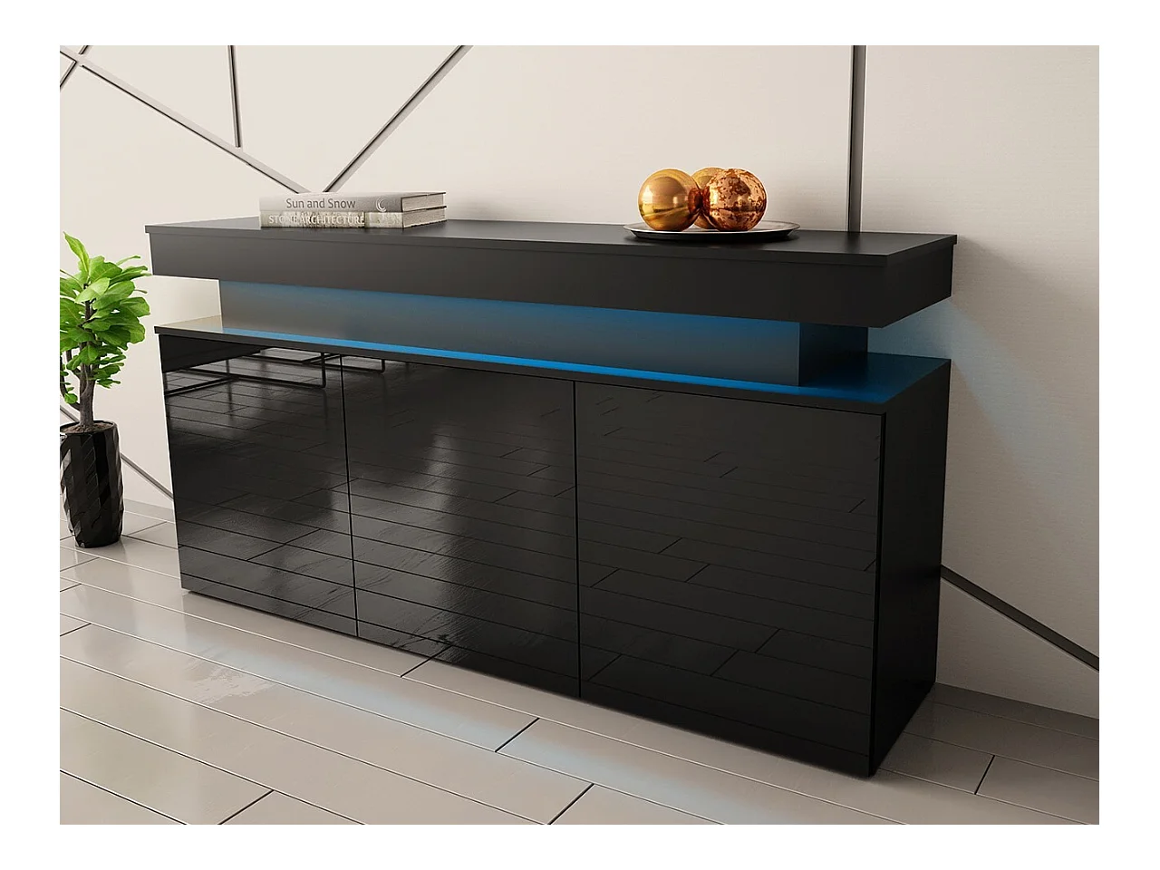 Buffet Monfero 101, Noir|Noir brillant, 83x160x39cm, Stratifié|MDF