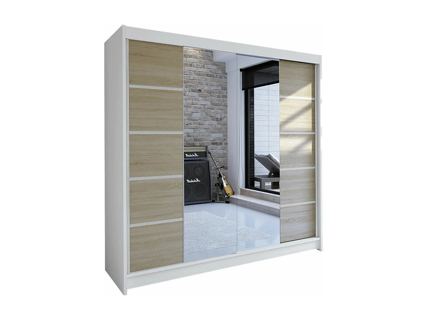Armoire Closico 154, Sonoma chêne|Blanc, 215x180x58cm, Portes d'armoire: Coulissantes