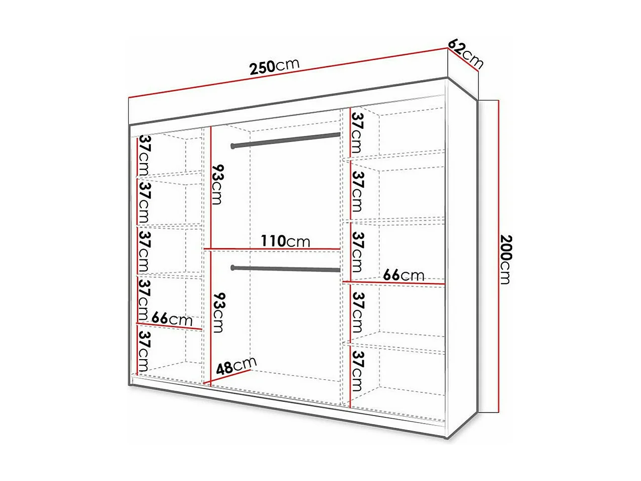 Armoire Ferfere 105, Noir, 200x250x62cm, Portes d'armoire: Coulissantes
