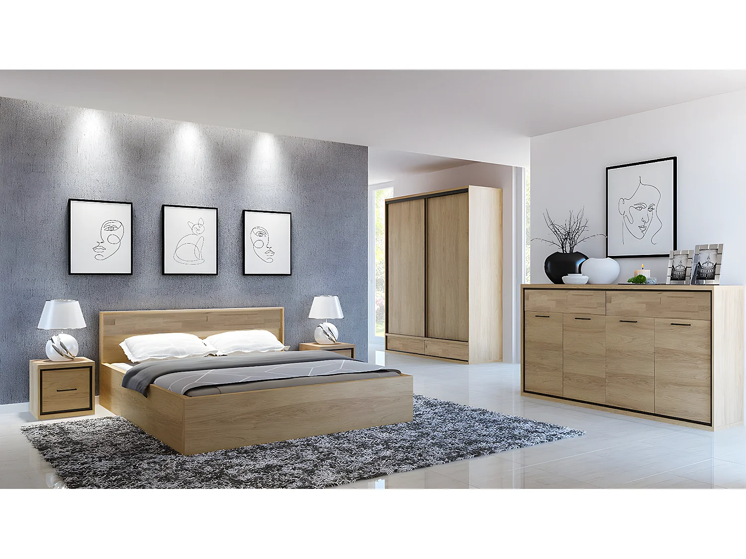 Armoire Etrmoni 109, Clair bois|Chêne, 221x177x59cm, Portes d'armoire: Coulissantes