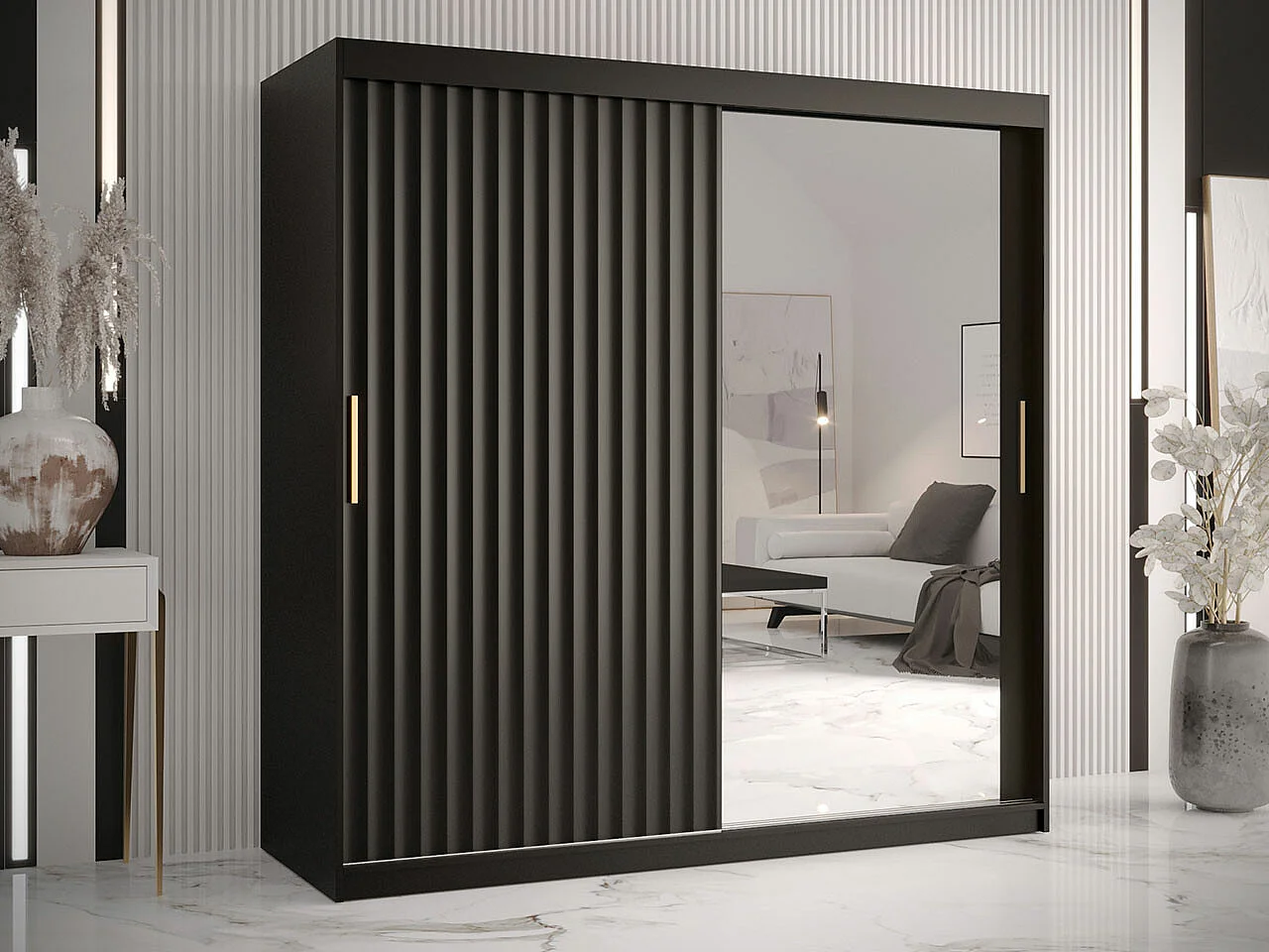 Armoire Hartford 338, Noir, 200x180x62cm, Portes d'armoire: Coulissantes
