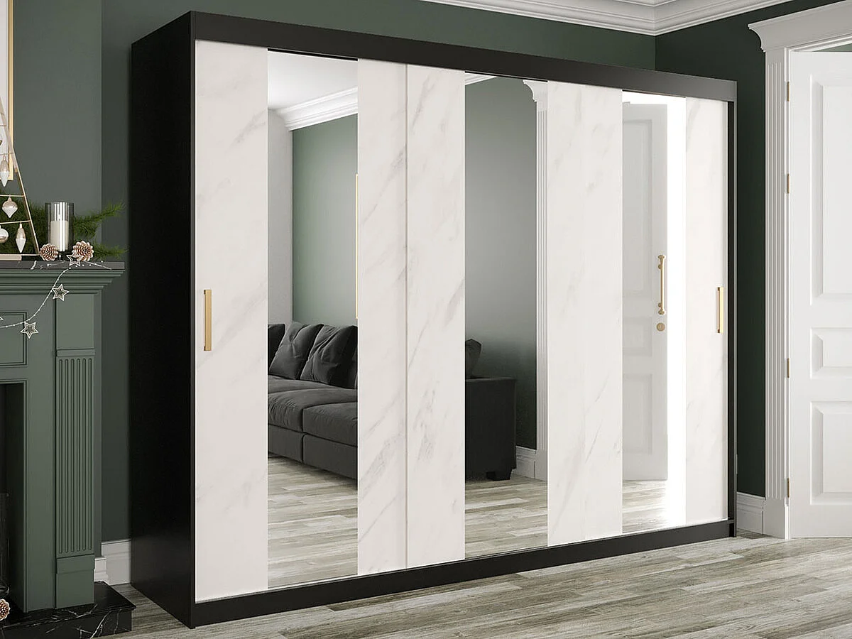 Armadio Hartford 245, Nero opaco|Marmo bianco, 200x250x62cm, Porte armadi: Scorrevoli