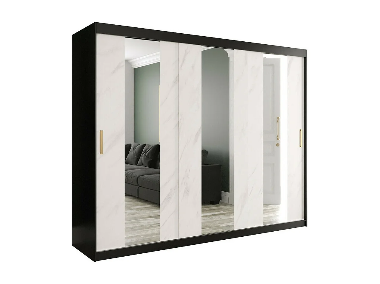 Armadio Hartford 245, Nero opaco|Marmo bianco, 200x250x62cm, Porte armadi: Scorrevoli