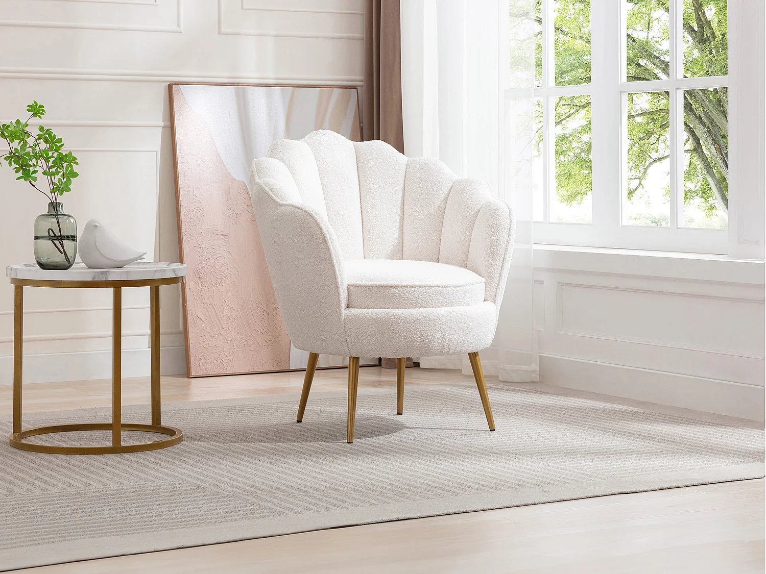 Fauteuil coquillage en tissu bouclette blanc LALEA