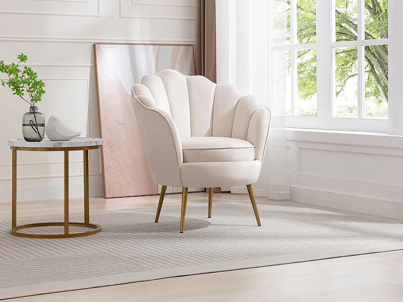 Schelpvormige fauteuil van beige velours LALEA