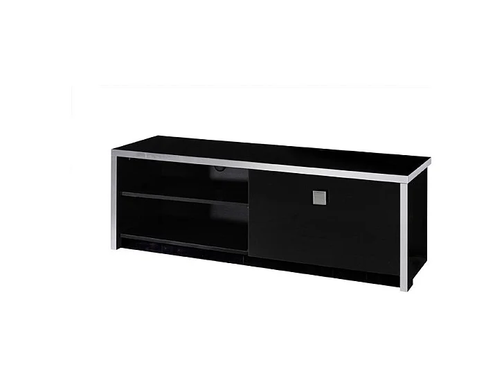 Meuble TV LYON – Design noir brillant et métal – L150 x H51 x P42 cm