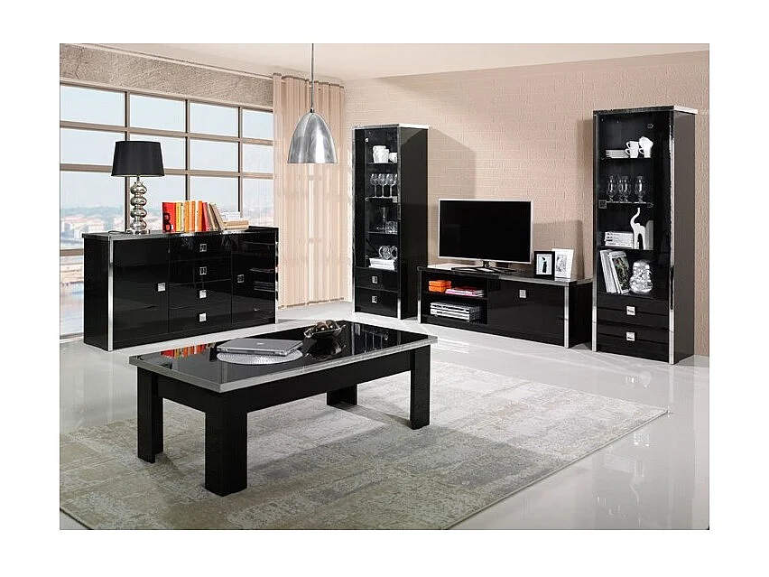 Móvel para TV design, 150cm na cor preta brilhante com acabamentos cromados coleção LYON.