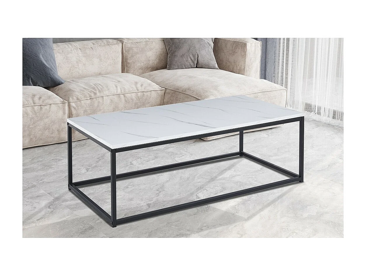 Mesa de centro EWING com efeito de mármore branco, ideal para uma sala de estar única.