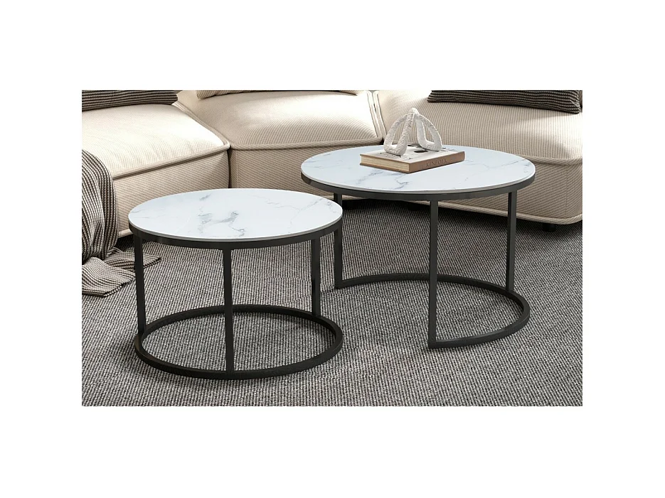 Lage tafel collectie MANHATTAN met wit marmer effect, ideaal voor een chique woonkamer.