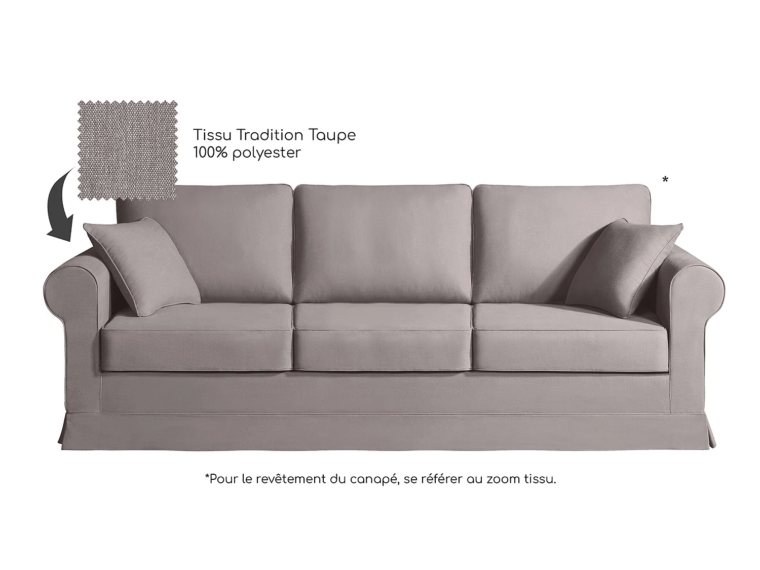 Canapé 5 pl COLME 230 cm fixe tissu Tradition Taupe - 100% déhoussable - Fab. France