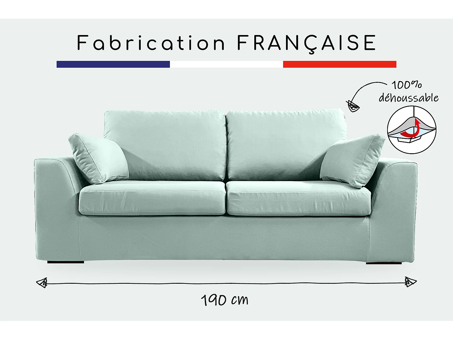 Canapé 3 pl TRESSIN 170 cm fixe tissu coton Céladon - 100% déhoussable - Fab. France