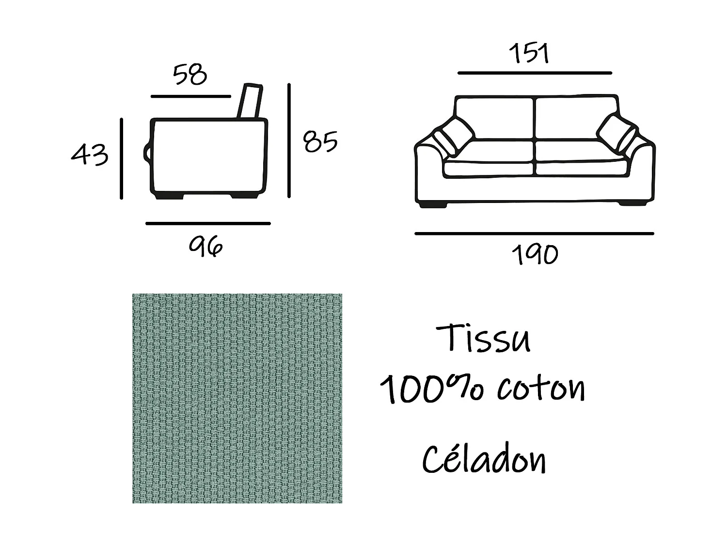 Canapé 3 pl TRESSIN 170 cm fixe tissu coton Céladon - 100% déhoussable - Fab. France