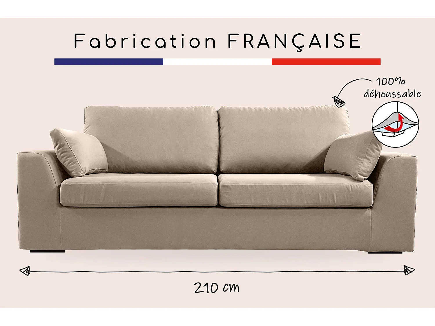 Canapé 4 pl TRESSIN 170 cm fixe tissu coton Taupe - 100% déhoussable - Fab. France