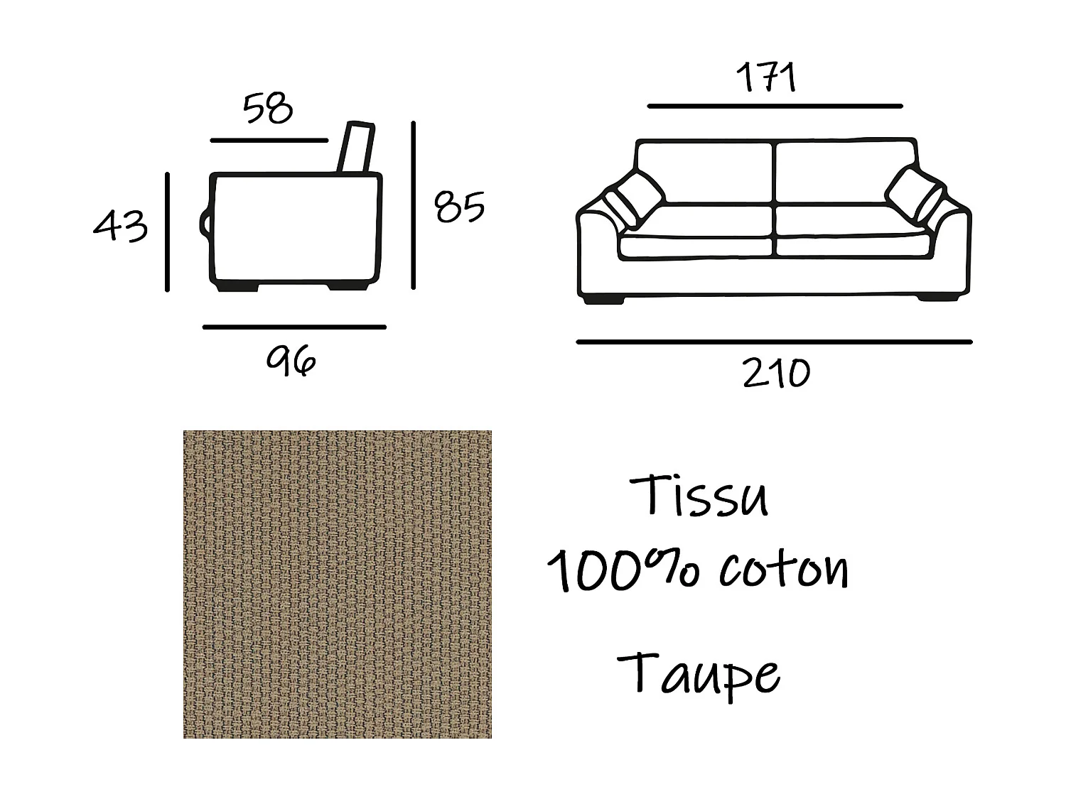 Canapé 4 pl TRESSIN 170 cm fixe tissu coton Taupe - 100% déhoussable - Fab. France