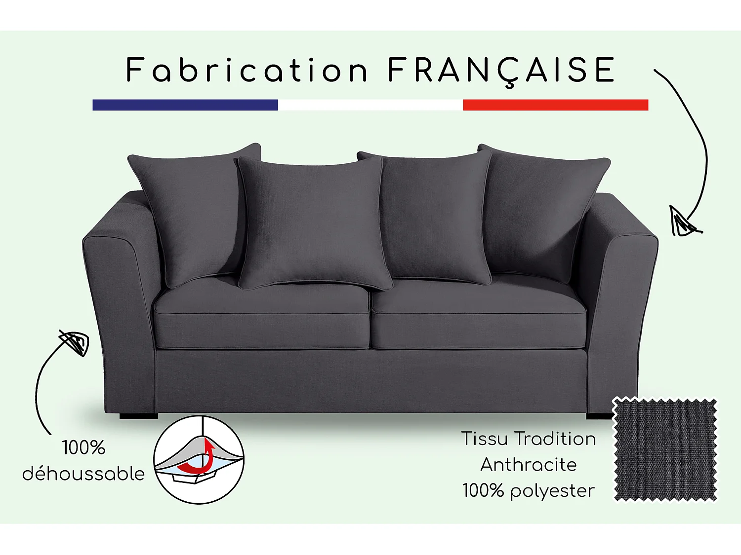 Canapé 3 pl YSER 200 cm fixe tissu Tradition Anthracite - 100% déhoussable - Fab. France