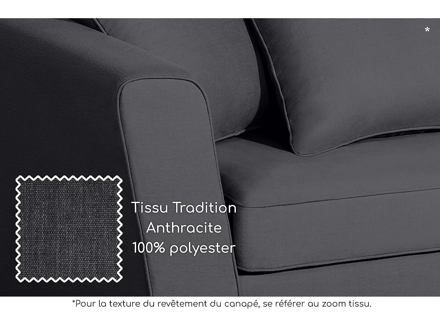 Canapé 3 pl YSER 200 cm fixe tissu Tradition Anthracite - 100% déhoussable - Fab. France