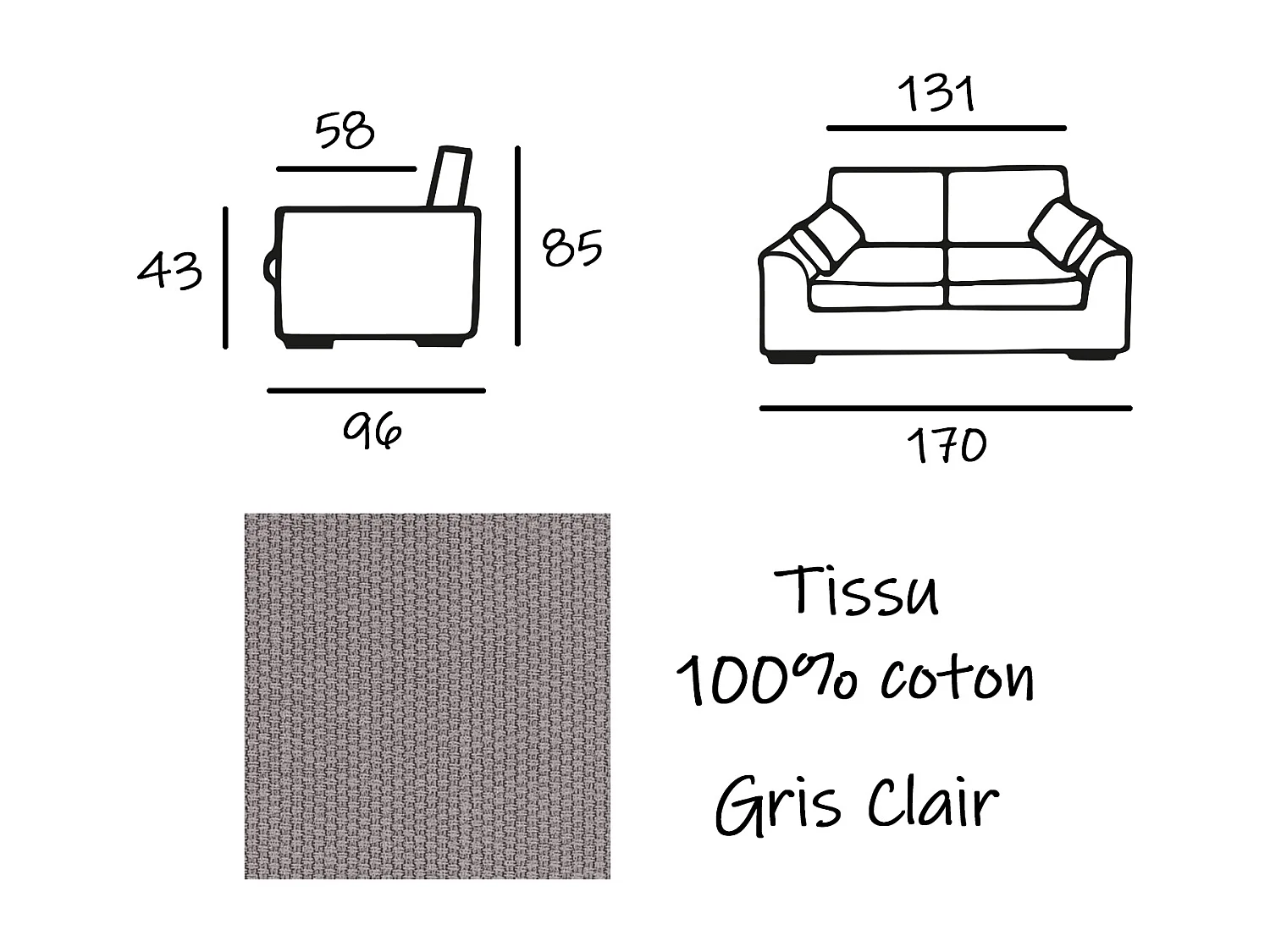 Canapé 2 pl TRESSIN 170 cm fixe tissu coton Gris Clair - 100% déhoussable - Fab. France