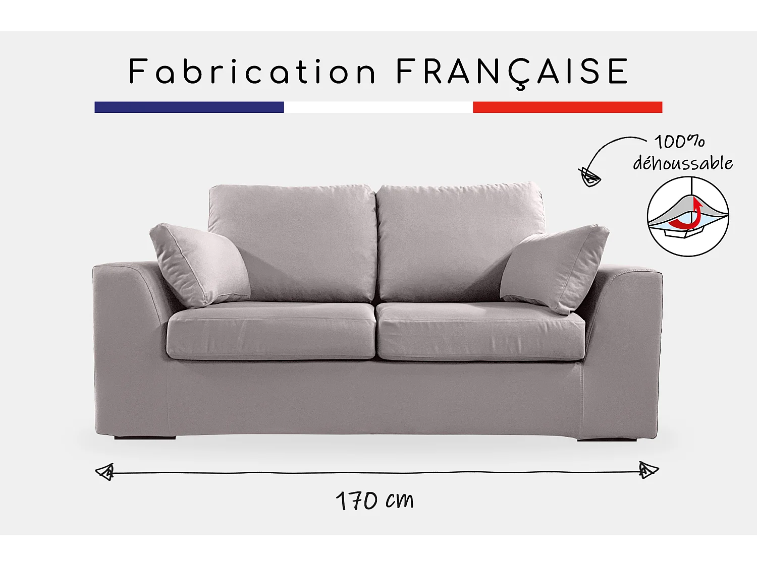 Canapé 2 pl TRESSIN 170 cm fixe tissu coton Gris Clair - 100% déhoussable - Fab. France