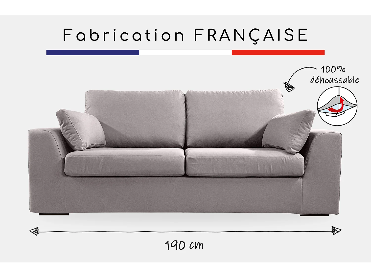 Canapé 3 pl TRESSIN 170 cm fixe tissu coton Gris Clair - 100% déhoussable - Fab. France