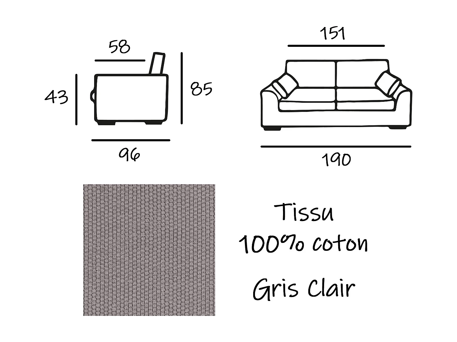 Canapé 3 pl TRESSIN 170 cm fixe tissu coton Gris Clair - 100% déhoussable - Fab. France