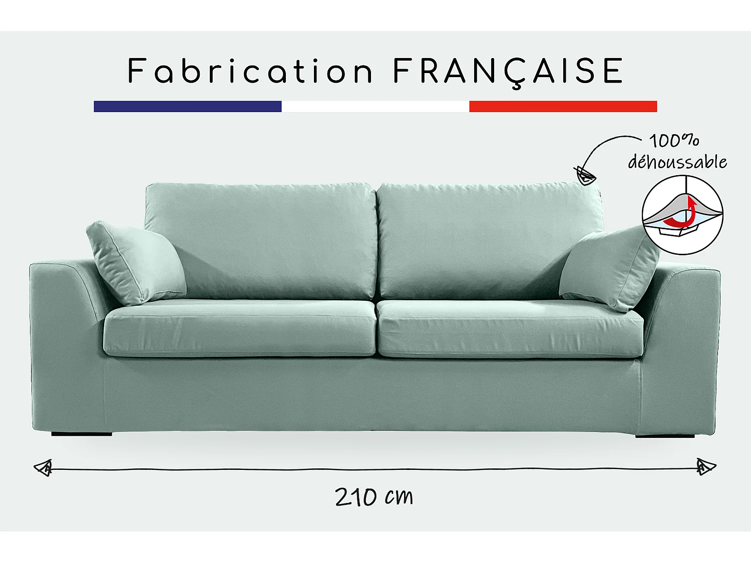 Canapé 4 pl TRESSIN 170 cm fixe tissu coton Céladon - 100% déhoussable - Fab. France