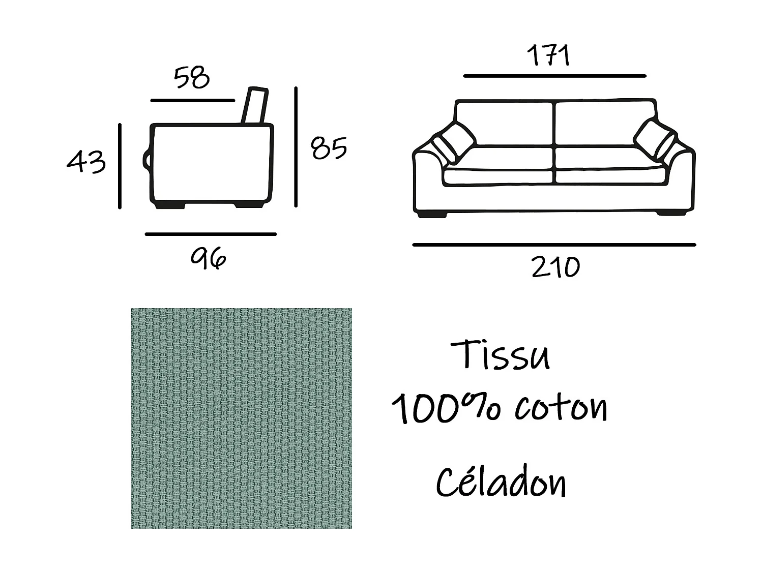 Canapé 4 pl TRESSIN 170 cm fixe tissu coton Céladon - 100% déhoussable - Fab. France
