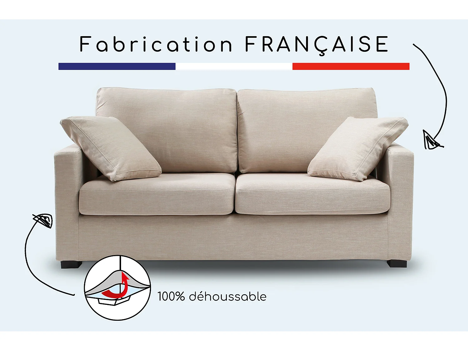 Canapé 3 pl LYS 175 cm fixe tissu Tradition Beige - 100% déhoussable - Fab. France