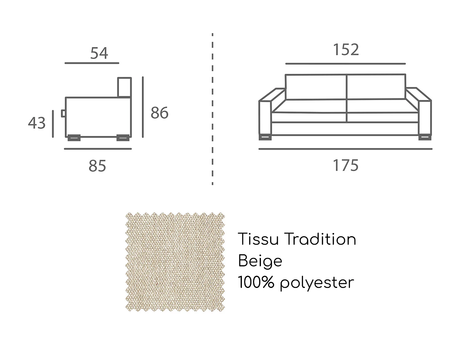Canapé 3 pl LYS 175 cm fixe tissu Tradition Beige - 100% déhoussable - Fab. France