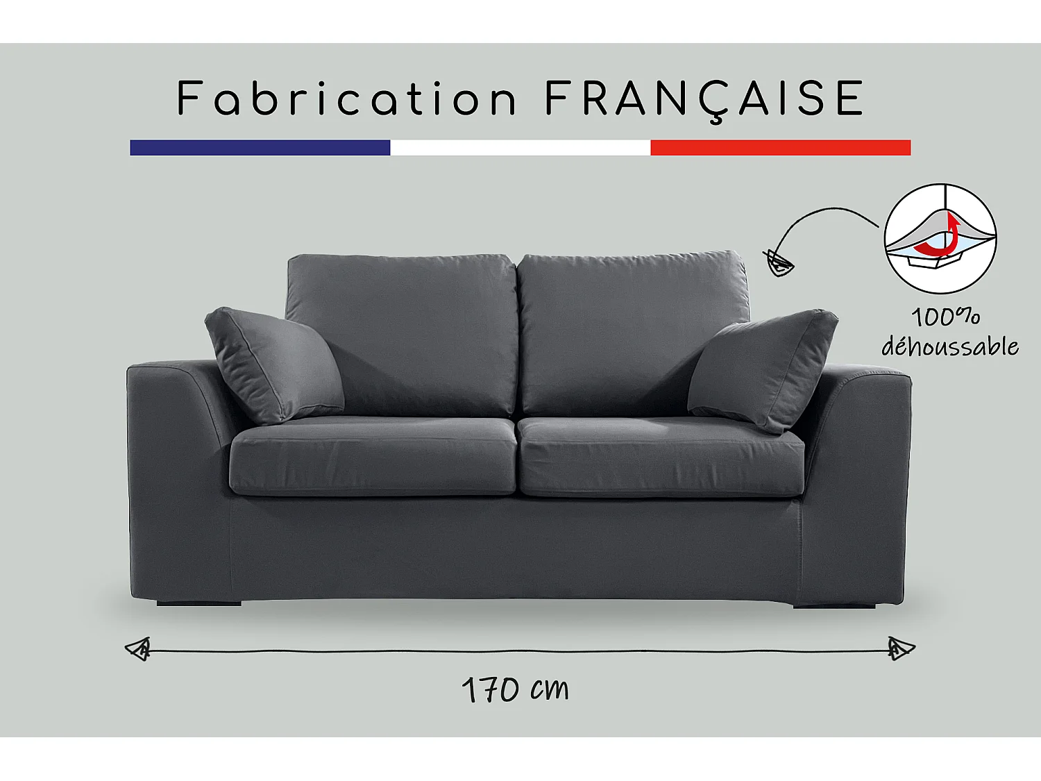 Canapé 2 pl TRESSIN 170 cm fixe tissu coton Anthracite - 100% déhoussable - Fab. France