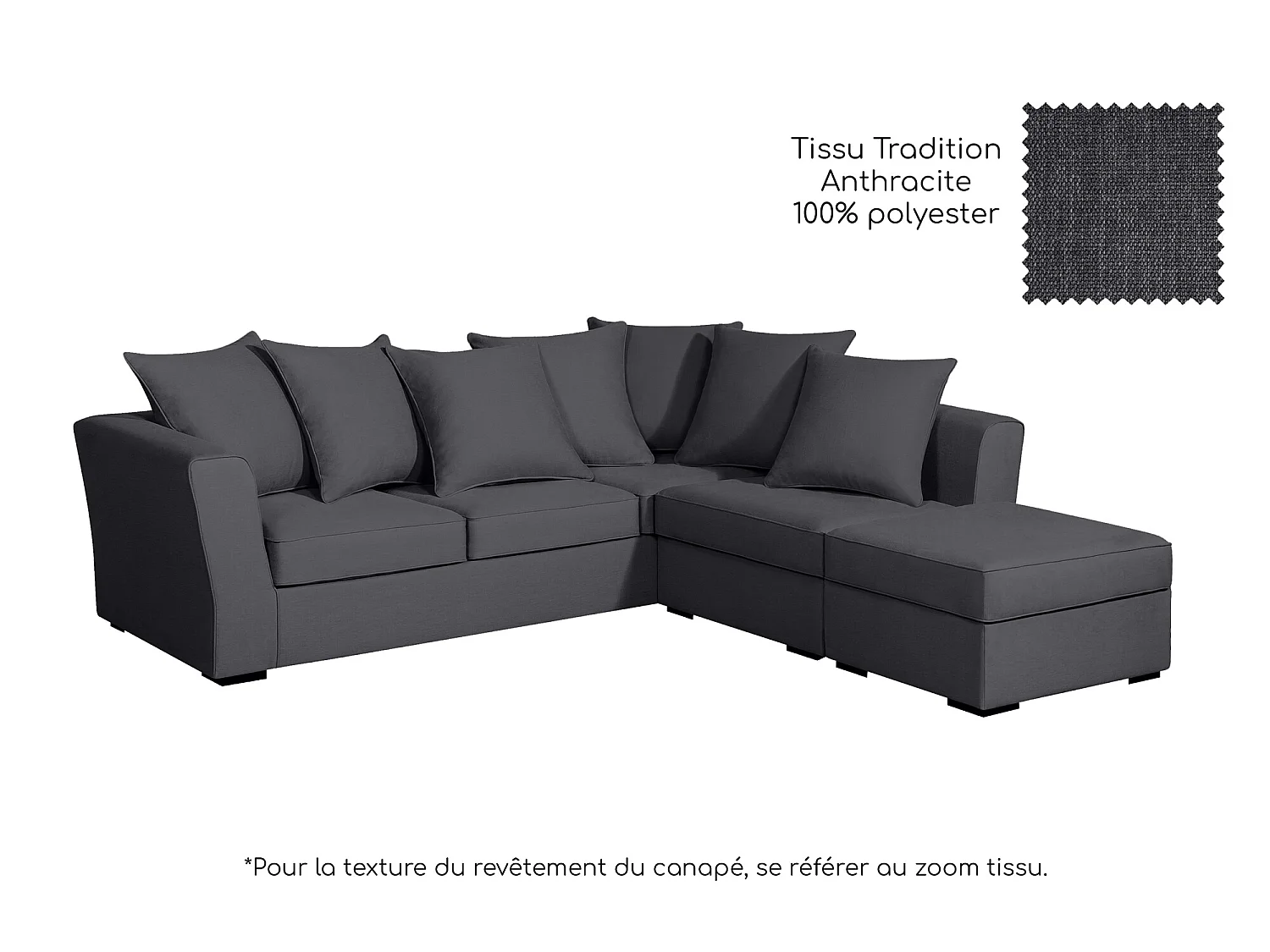 Canapé d'angle YSER fixe 240 x 236 cm Tradition Anthracite - 100% déhoussable - Fab. en France