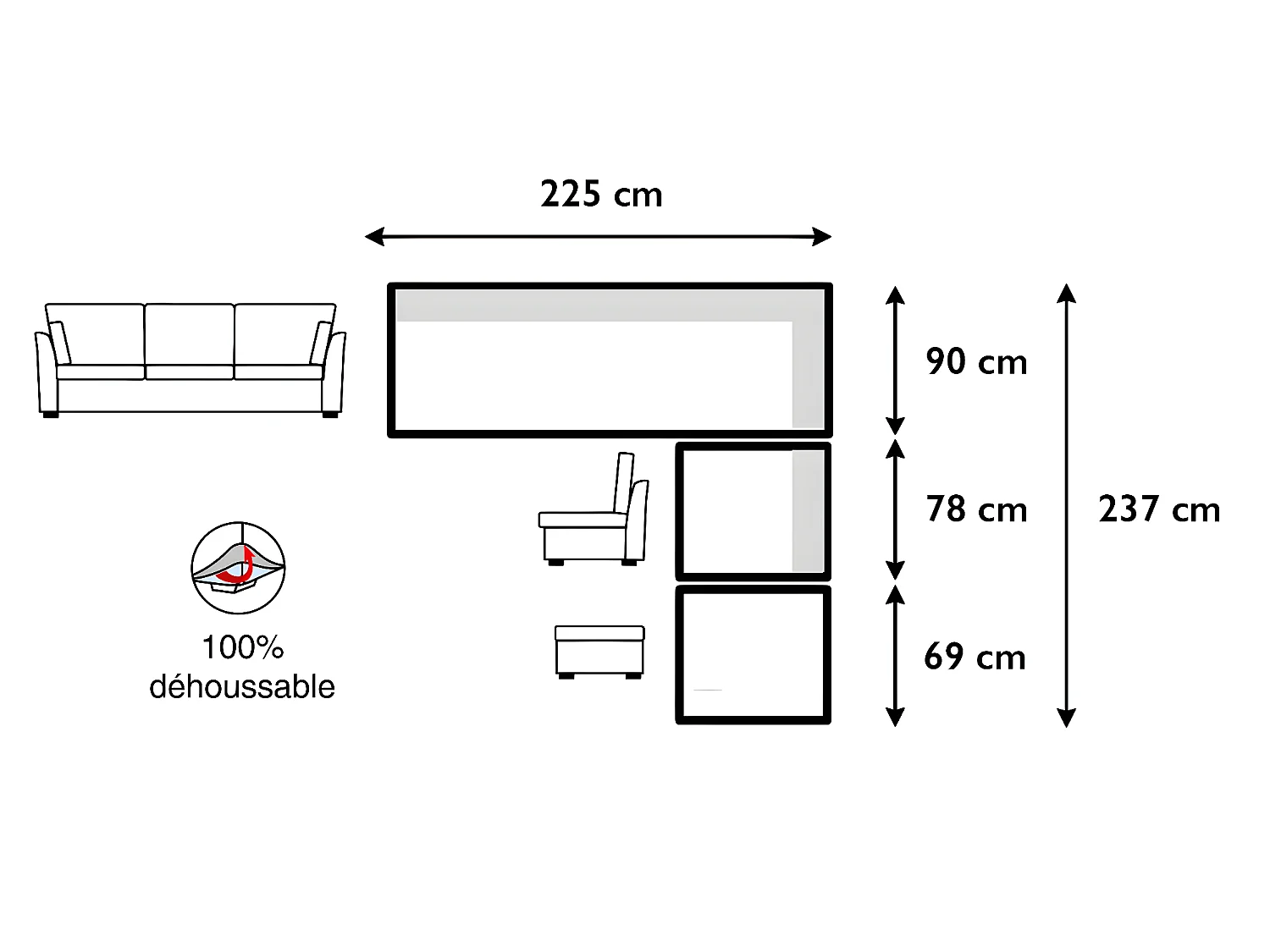Canapé d'angle ESCAUT fixe 225 x 237 cm Tradition Taupe - 100% déhoussable - Fab. en France