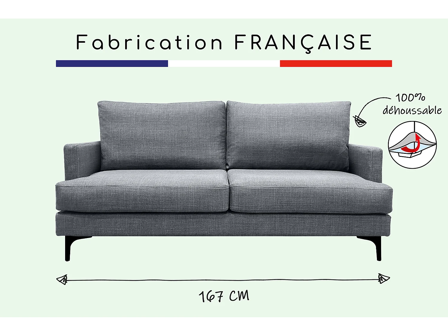 Canapé 3 pl WIMY 167 cm fixe tissu Grey - 100% déhoussable - Fab. France