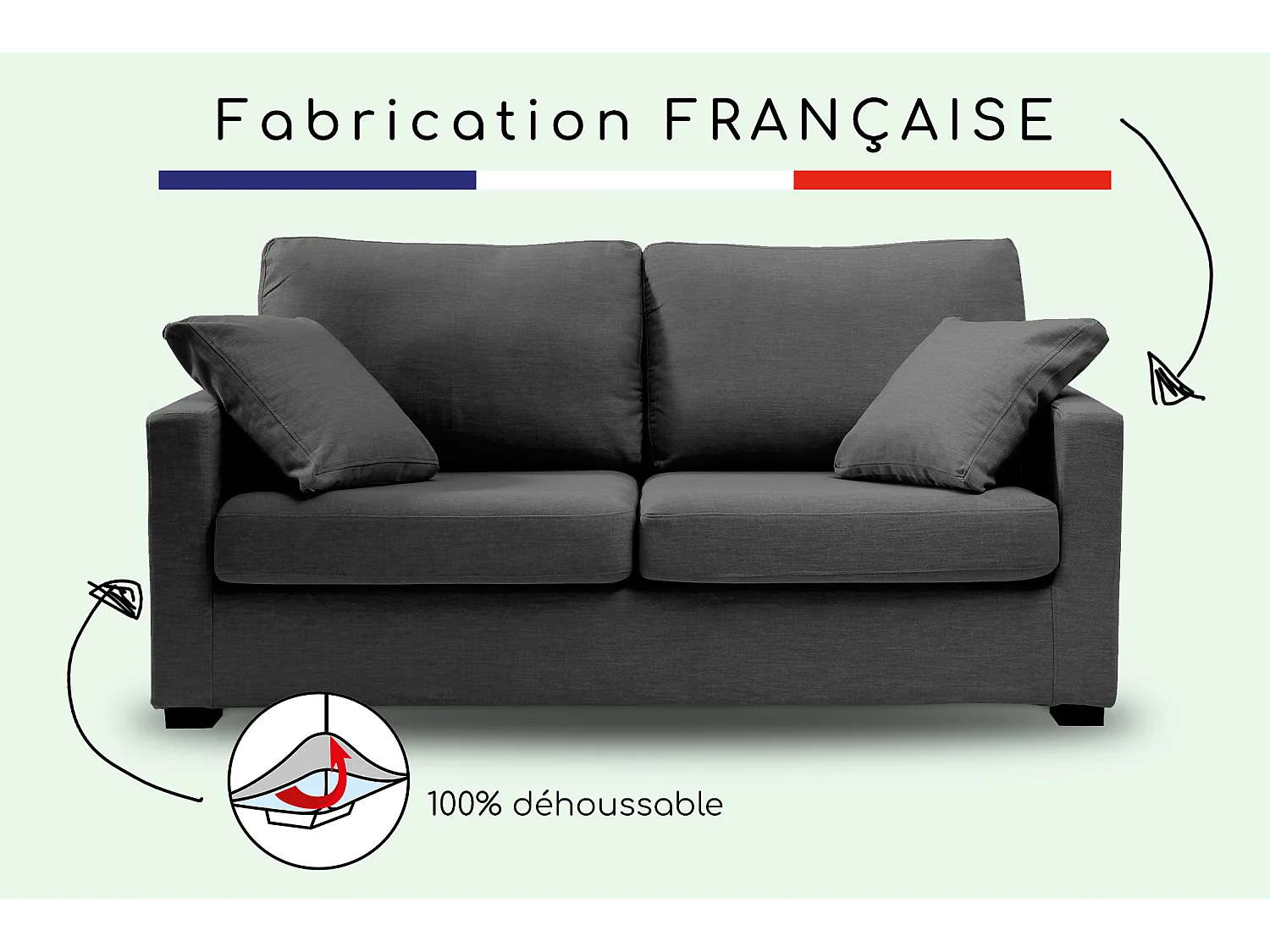 Canapé 3 pl LYS 175 cm fixe tissu Tradition Anthracite - 100% déhoussable - Fab. France