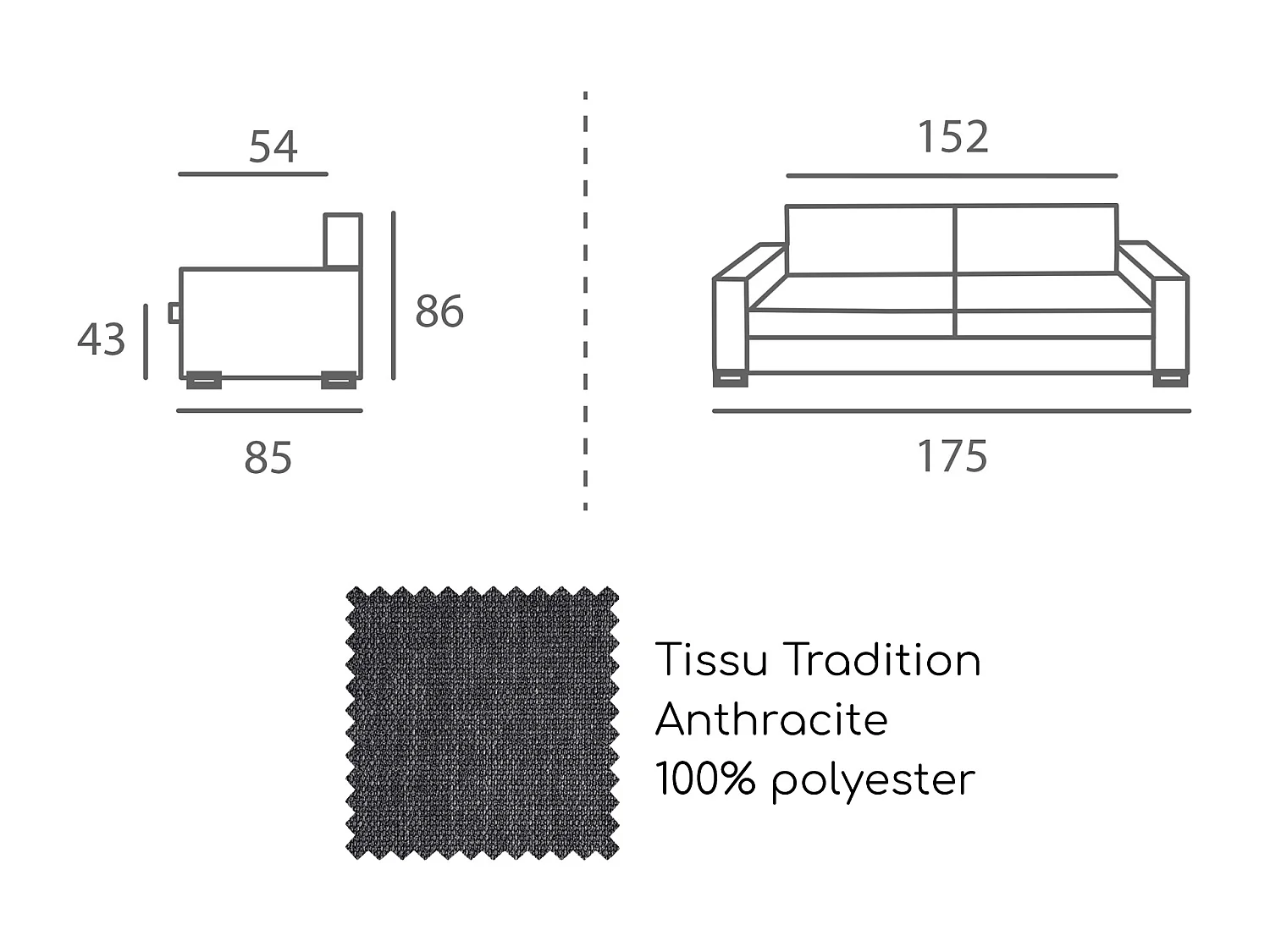 Canapé 3 pl LYS 175 cm fixe tissu Tradition Anthracite - 100% déhoussable - Fab. France