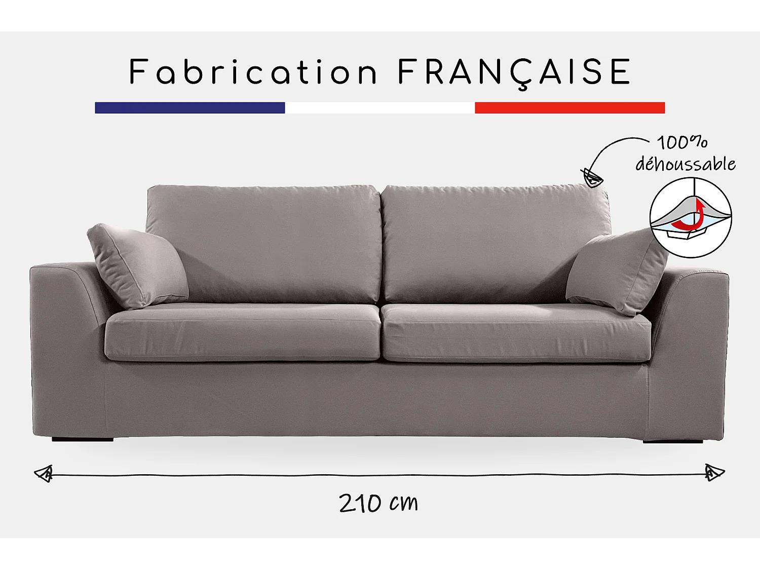 Canapé 4 pl TRESSIN 170 cm fixe tissu coton Gris Clair - 100% déhoussable - Fab. France