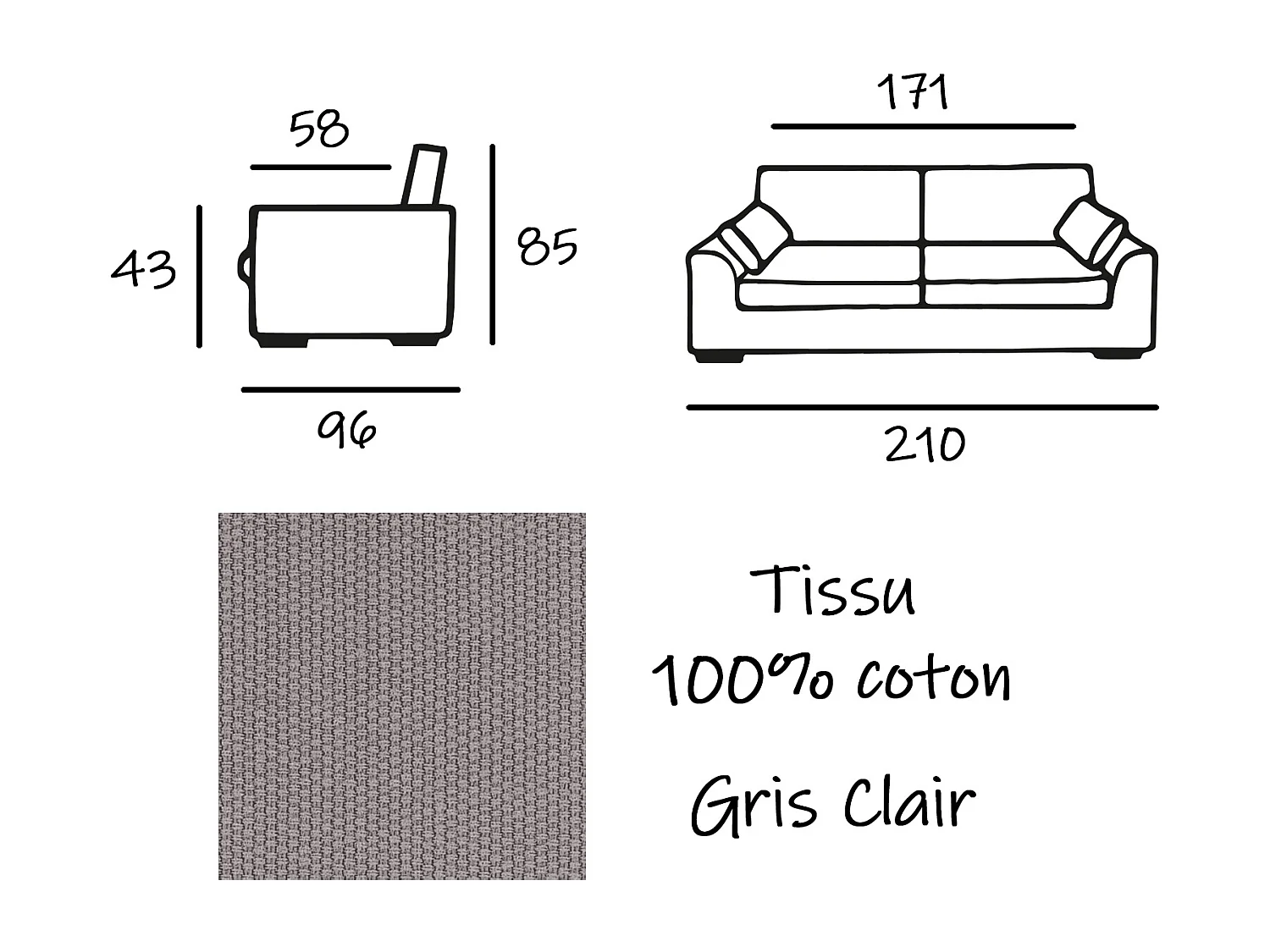 Canapé 4 pl TRESSIN 170 cm fixe tissu coton Gris Clair - 100% déhoussable - Fab. France