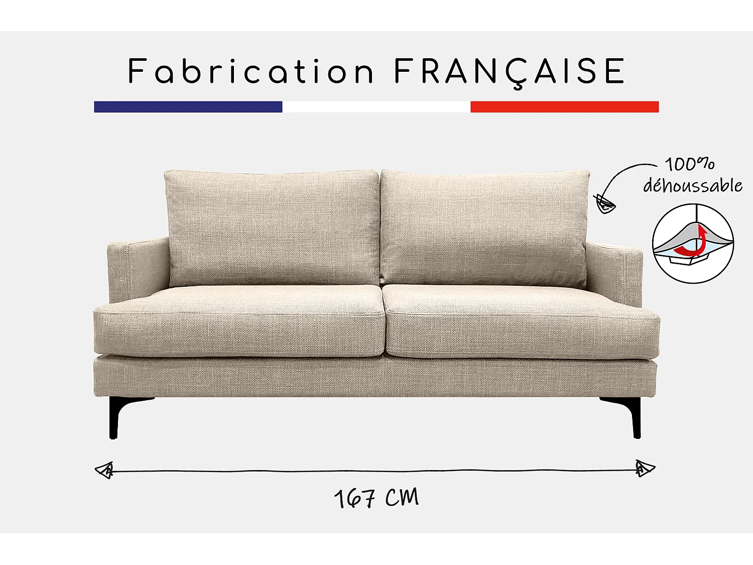 Canapé 3 pl WIMY 167 cm fixe tissu Beige - 100% déhoussable - Fab. France